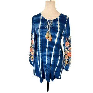 Soft Surroundings Tie Dye Floral Embroidered Tassel Tie Cotton Modal Top Size XS
